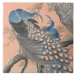 Peacocks on Pale Melon Ceramic Tile