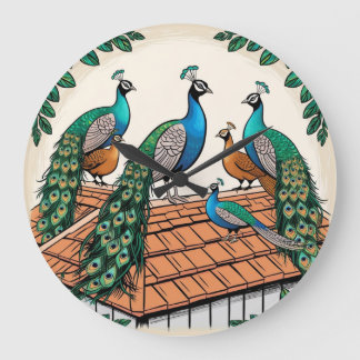 *Peacocks on the Rooftop* Large Clock