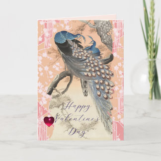 PEACOCKS,PINK SAKURA FLOWERS Floral Valentine Day Holiday Card