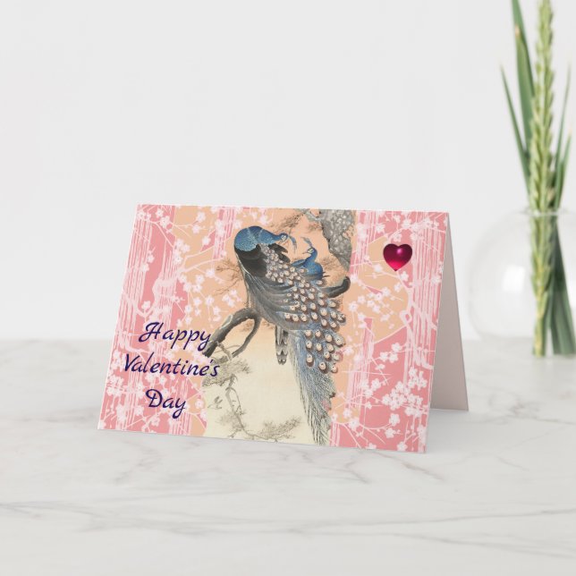 PEACOCKS,PINK SAKURA FLOWERS Floral Valentine Day Holiday Card (Front)