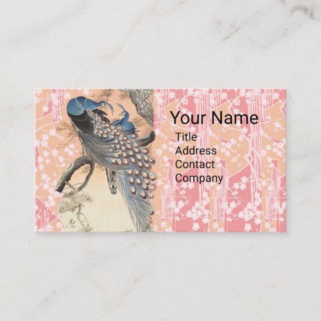 PEACOCKS,PINK WHITE SAKURA FLOWERS Japanese Floral Business Card (Front)