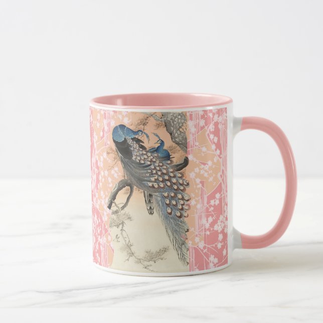 PEACOCKS,PINK WHITE SAKURA FLOWERS Japanese Floral Mug (Right)