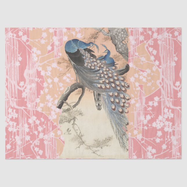 PEACOCKS,PINK WHITE SAKURA FLOWERS Japanese Floral Tissue Paper (Front)