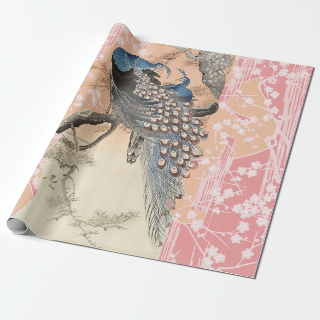 PEACOCKS,PINK WHITE SAKURA FLOWERS Japanese Floral Wrapping Paper (Unrolled)