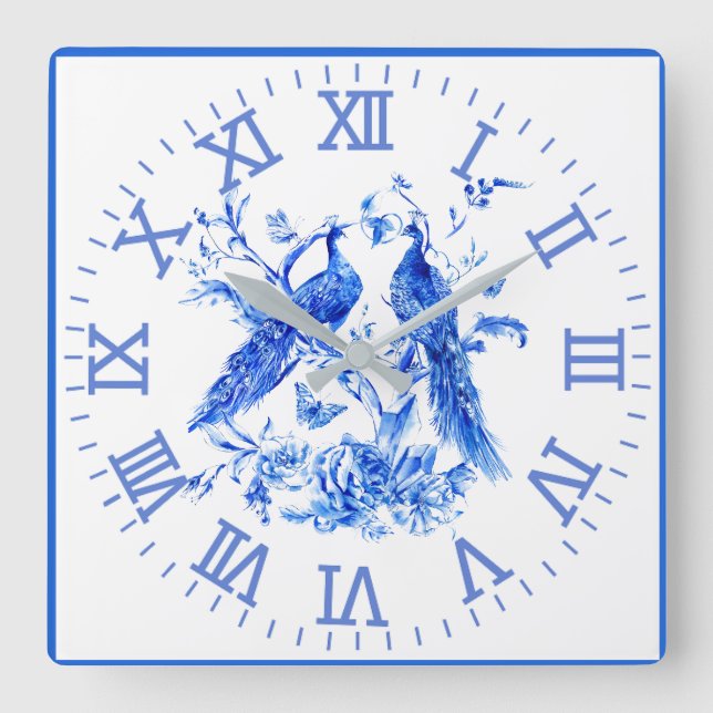 Peacocks Porcelain Blue Wall Clock (Front)
