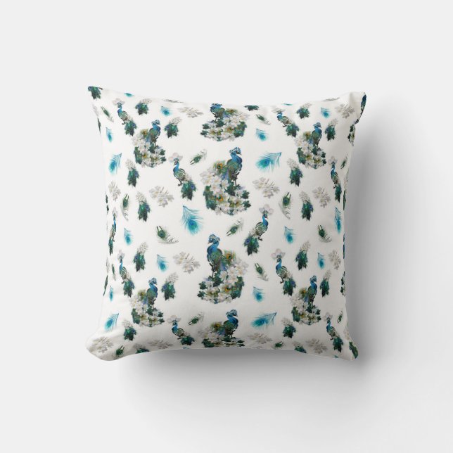 Peacocks - White Flowers on white fabric Cushion (Front)