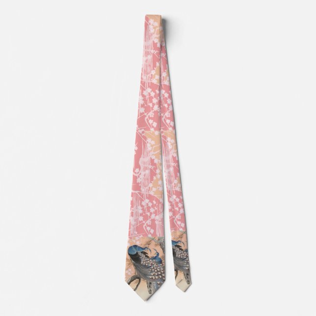 PEACOCKS,WHITE PINK SAKURA FLOWERS Japanese Floral Tie (Front)