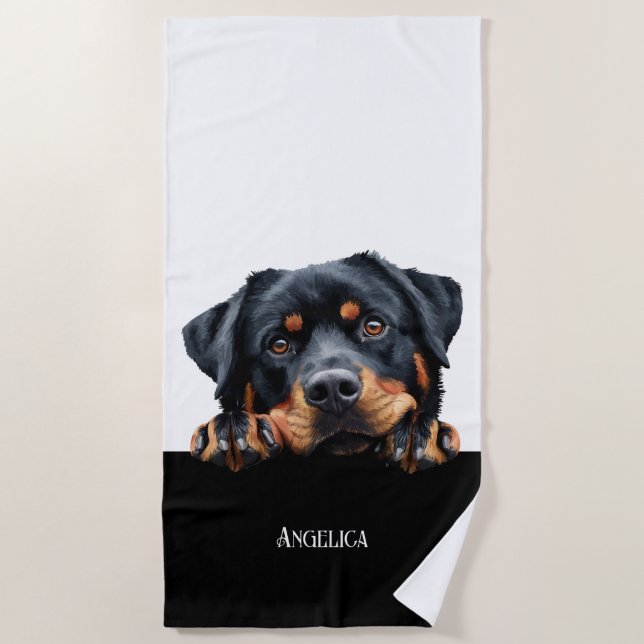 Peaking rottweiler dog funny cute dog owner gift  beach towel (Front)