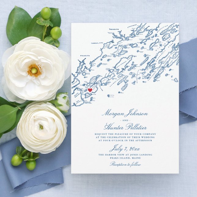 Peaks Island Casco Bay Elegant Navy Map Wedding Invitation (Creator Uploaded)