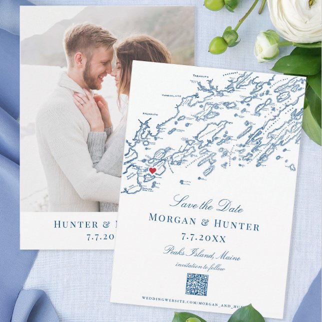 Peaks Island Maine Casco Bay Elegant QR code Save The Date (The QR code on these Peaks Island Maine save the dates makes visiting your website easy.)
