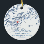 Peaks Island Maine Map Newlywed Photo Christmas Ceramic Tree Decoration<br><div class="desc">Commemorate your Peaks Island wedding with our personalised wedding keepsake Christmas ornament, featuring an elegant map of Casco Bay on the front and your wedding photo on the back. Perfect for couples married at The Inn on Peaks Island or Jones Landing, this ornament captures the essence of your special day....</div>