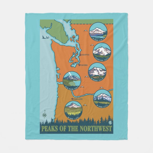 Peaks of the Northwest - 5 Different Mountains Fleece Blanket (Front)