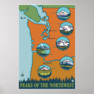 Peaks of the Northwest - 5 Different Mountains Poster