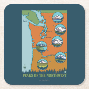Peaks of the Northwest - 5 Different Mountains Square Paper Coaster