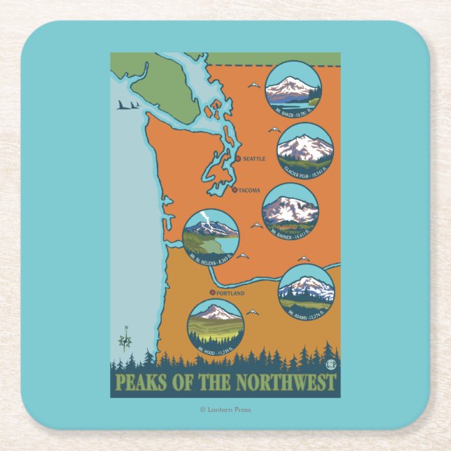 Peaks of the Northwest - 5 Different Mountains Square Paper Coaster (Front)