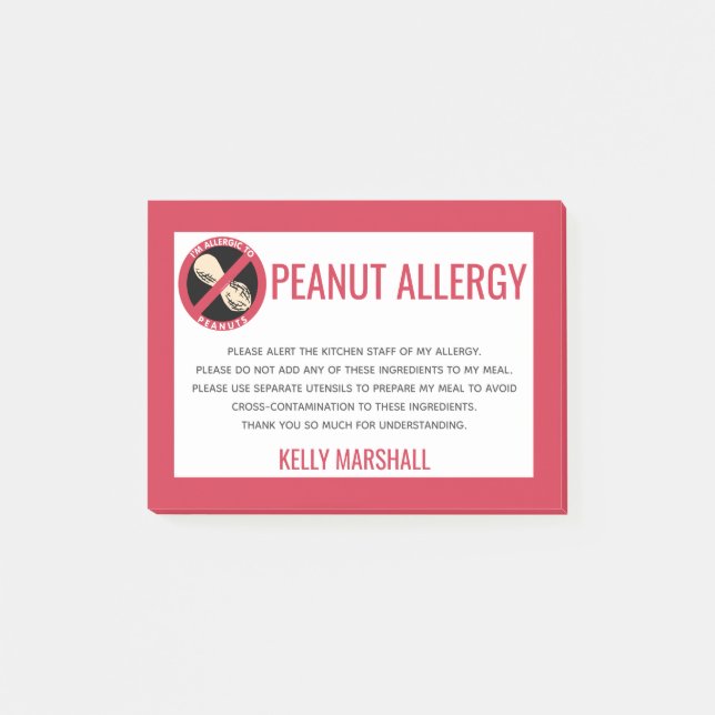 Peanut Allergy Alert Restaurant Custom Kids Post-it Notes (Front)