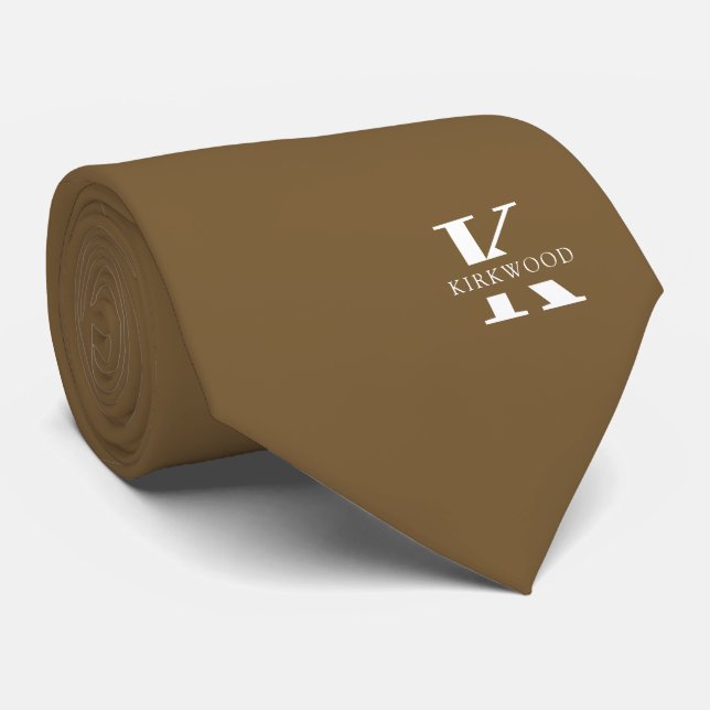 Peanut Brown Elegant Monogram + Name One-Sided Tie (Rolled)