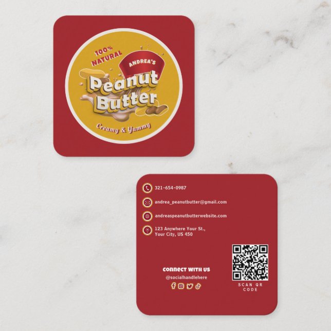 Peanut Butter Brand Logo and QR Code Professional Square Business Card (Front/Back)
