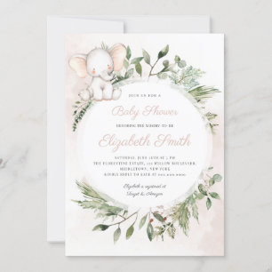 Peanut Elephant Girl Greenery Baby Shower Invitation