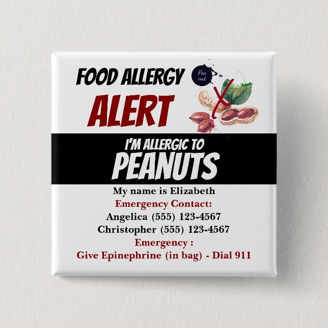 Peanut Food Allergy Alert Warning 15 Cm Square Badge (Front)