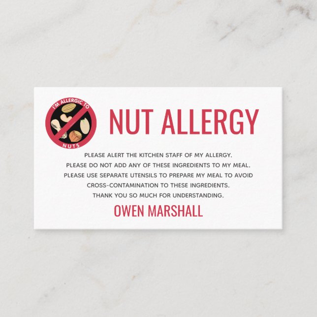 Peanut Tree Nut Allergy Alert Restaurant Card (Front)