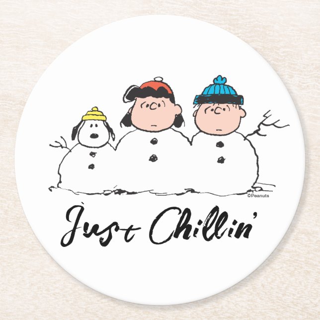 Peanuts | 3 Person Snowman Round Paper Coaster (Front)