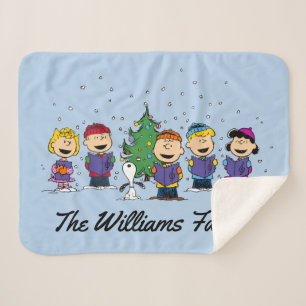 Peanuts Around the Christmas Tree Add Name Sherpa Blanket