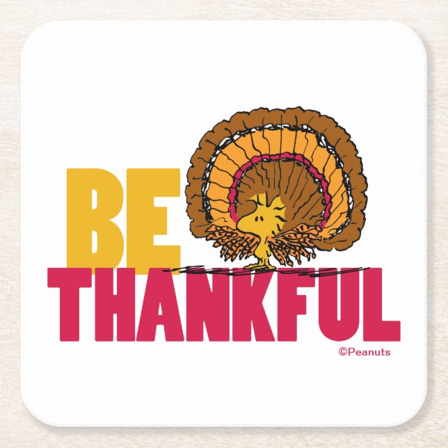 Peanuts | Be Thankful Woodstock Turkey Square Paper Coaster (Front)