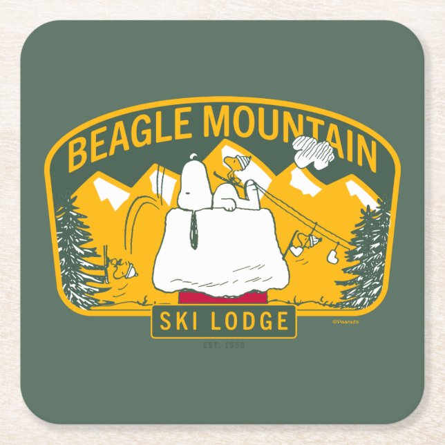 Peanuts | Beagle Mountain Ski Lodge Square Paper Coaster (Front)