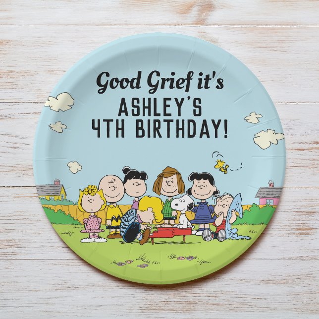 Peanuts | Charlie Brown and Gang Birthday Paper Plate (Plate on table)