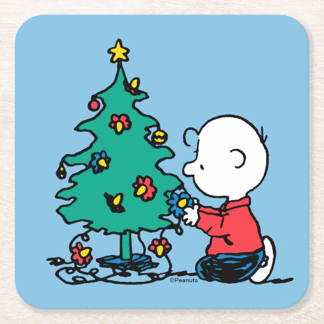 Peanuts | Charlie Brown Christmas Lights Square Paper Coaster (Front)