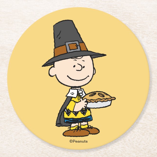 Peanuts | Charlie Brown Pilgrim Round Paper Coaster (Front)
