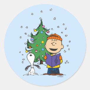 Peanuts   Christmas Caroling Classic Round Sticker