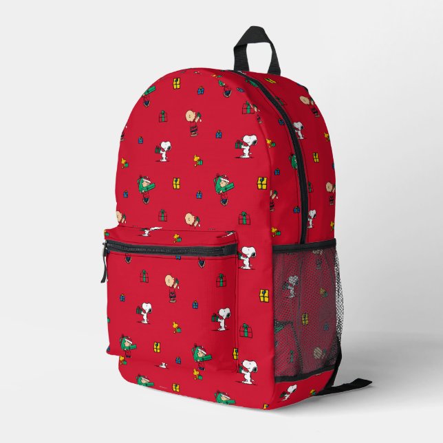 Peanuts | Christmas Gift Giving Red Printed Backpack (Back Corner Right)