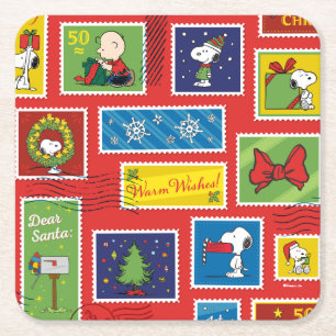 Peanuts   Christmas Postage Stamps Pattern Square Paper Coaster