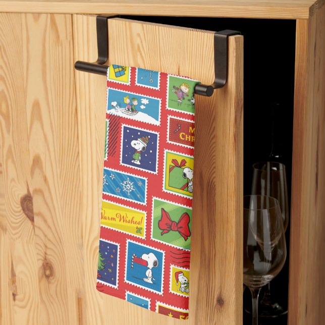 Peanuts | Christmas Postage Stamps Pattern Tea Towel (Thirds Fold)