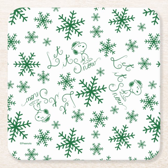 Peanuts | Christmas Snoopy Let It Snow Pattern Square Paper Coaster (Front)
