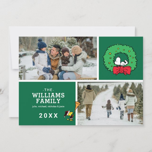 Peanuts Christmas Snoopy Wreath Family Photo Holiday Card (Front)