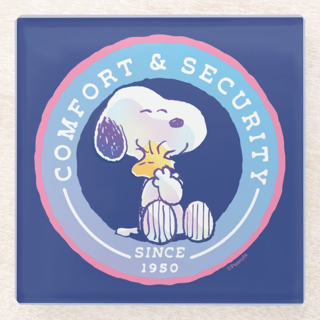 Peanuts | Comfort & Security Badge Blue Glass Coaster (Front)