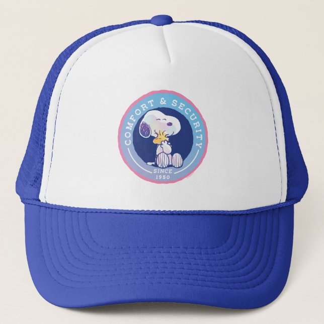 Peanuts | Comfort & Security Badge Blue Trucker Hat (Front)