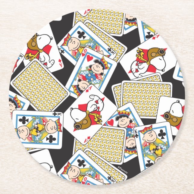 Peanuts Gang Card Deck Pattern Round Paper Coaster (Front)