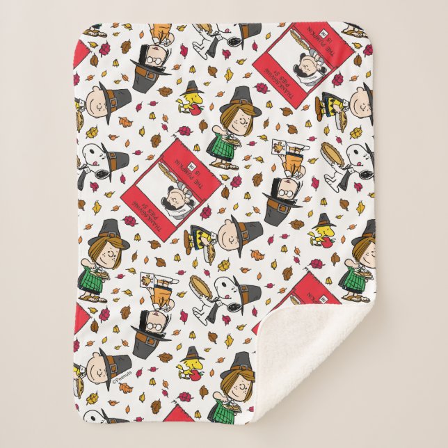 Peanuts | Happy Thanksgiving Pattern Sherpa Blanket (Front)