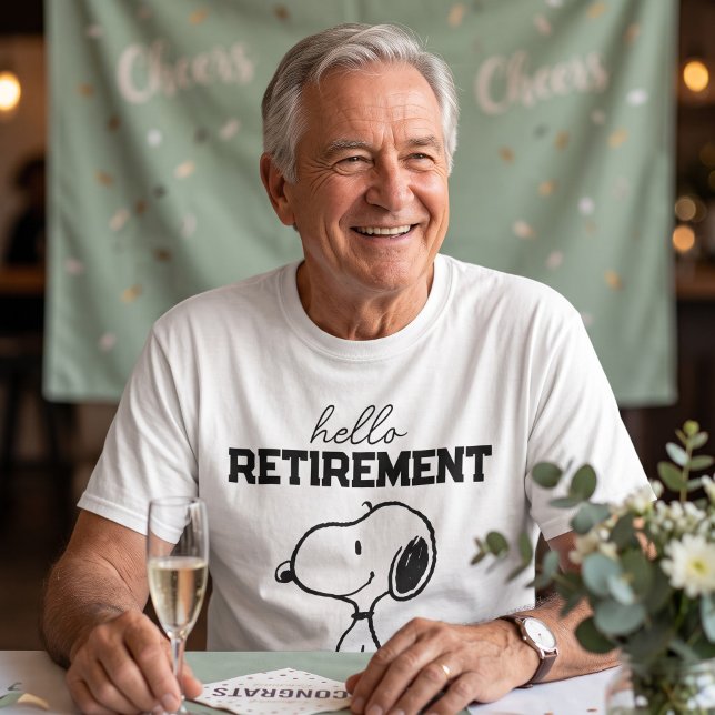 Peanuts | Hello Retirement T-Shirt (Simulated man wearing shirt)