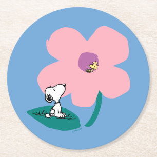 Peanuts Illustrating Nature Pink Flower Round Paper Coaster