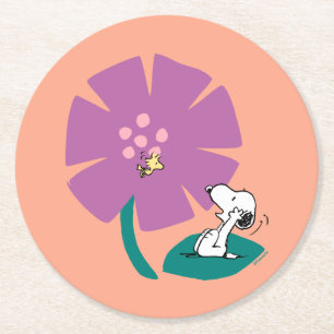 Peanuts Illustrating Nature Purple Flower Round Paper Coaster