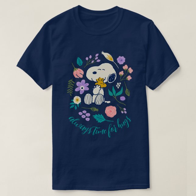 Peanuts In Bloom | Snoopy & Woodstock Flower Hug T-Shirt (Design Front)