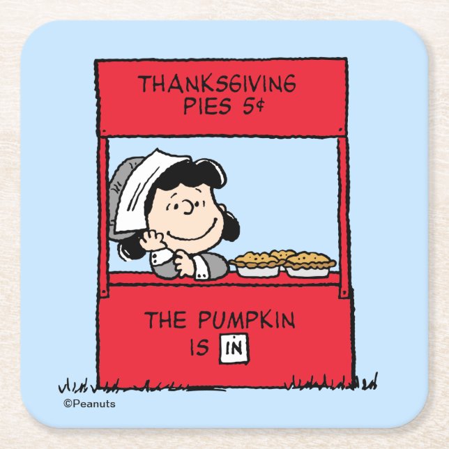 Peanuts | Lucy Pilgrim Pie Stand Square Paper Coaster (Front)