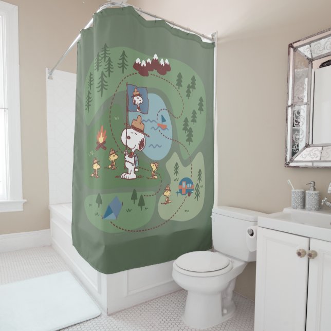 Peanuts | Nestled in the Mountains Campsite Shower Curtain (In Situ)