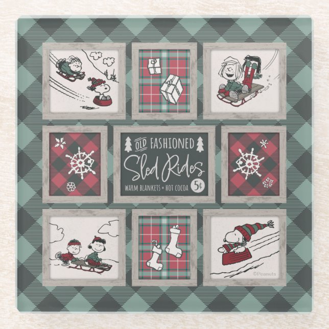 Peanuts | Old Fashioned Sleigh Rides Pattern Glass Coaster (Front)