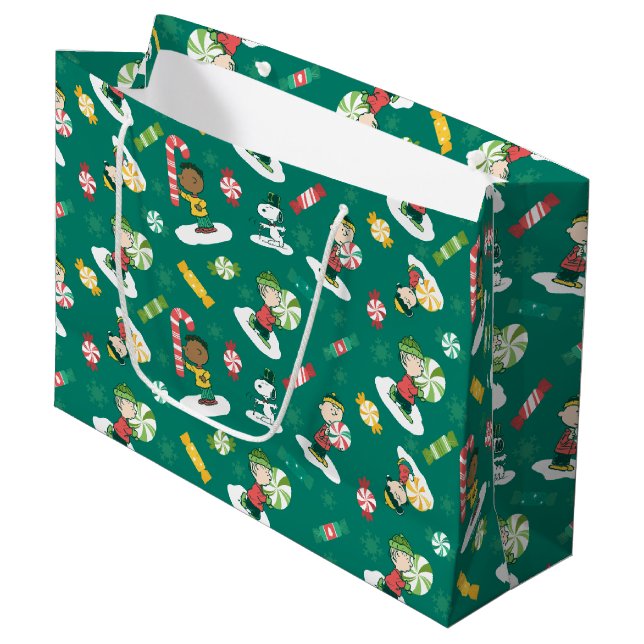 Peanuts Peppermint Dreams Holiday Pattern Large Gift Bag (Front Angled)